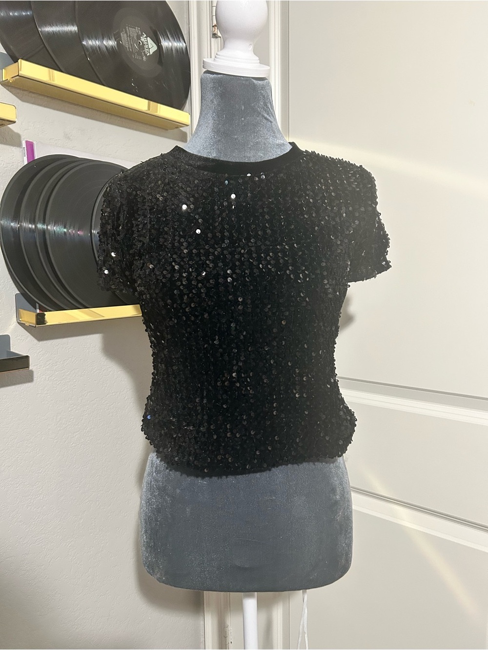Black Sequin Short Sleeve Women's Top